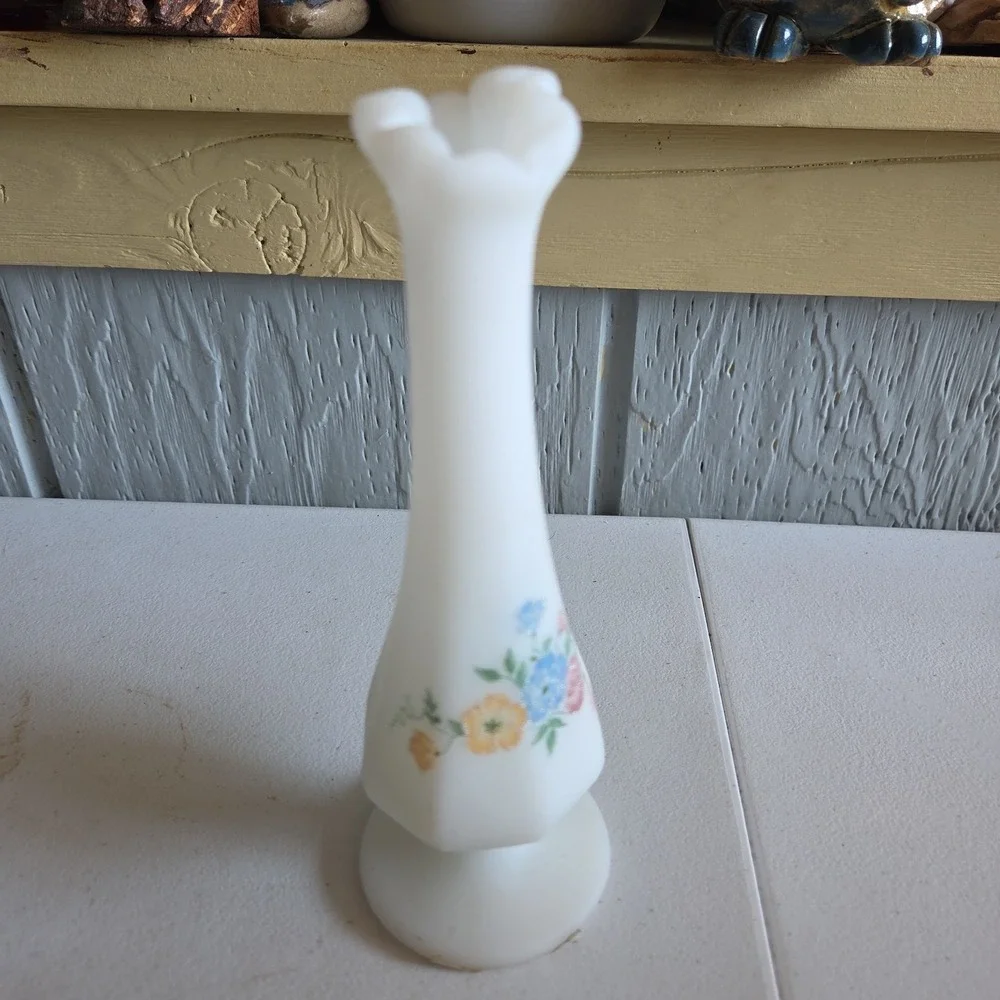 Vintage Fenton Custard Glass Swung Vase Hand Painted Florals Glitter Signed